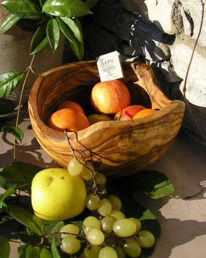 Coupe à fruits rustique en Bois d'Olivier Diamètre 26 cm.