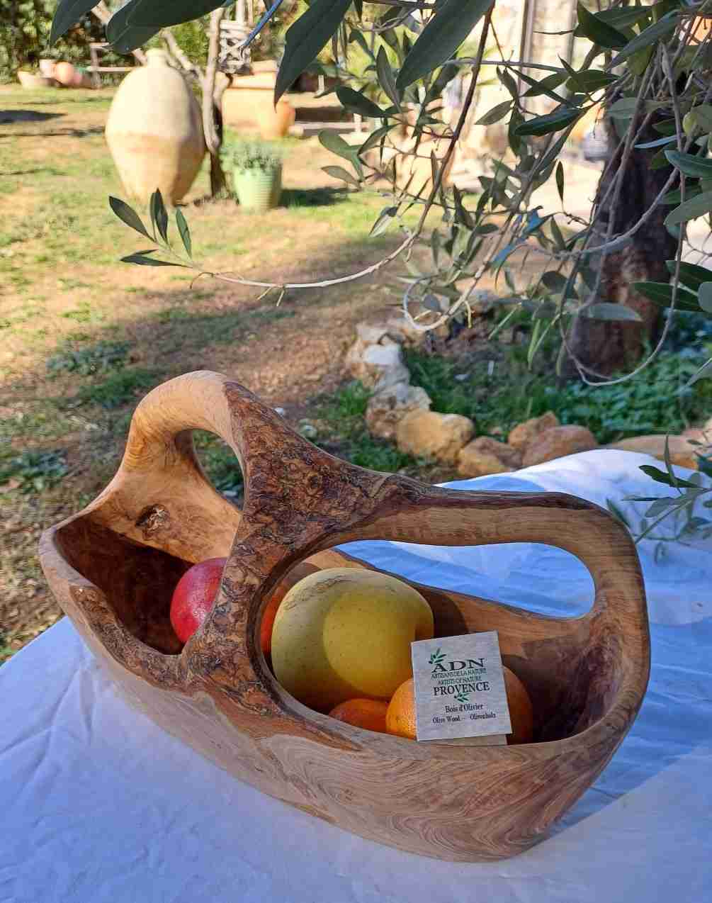 Panier à fruits avec anses en Bois d'Olivier 41x18xH21 cm env