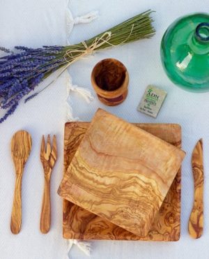 Set Assiettes duo carrées en Bois d'Olivier 20 et 25 cm