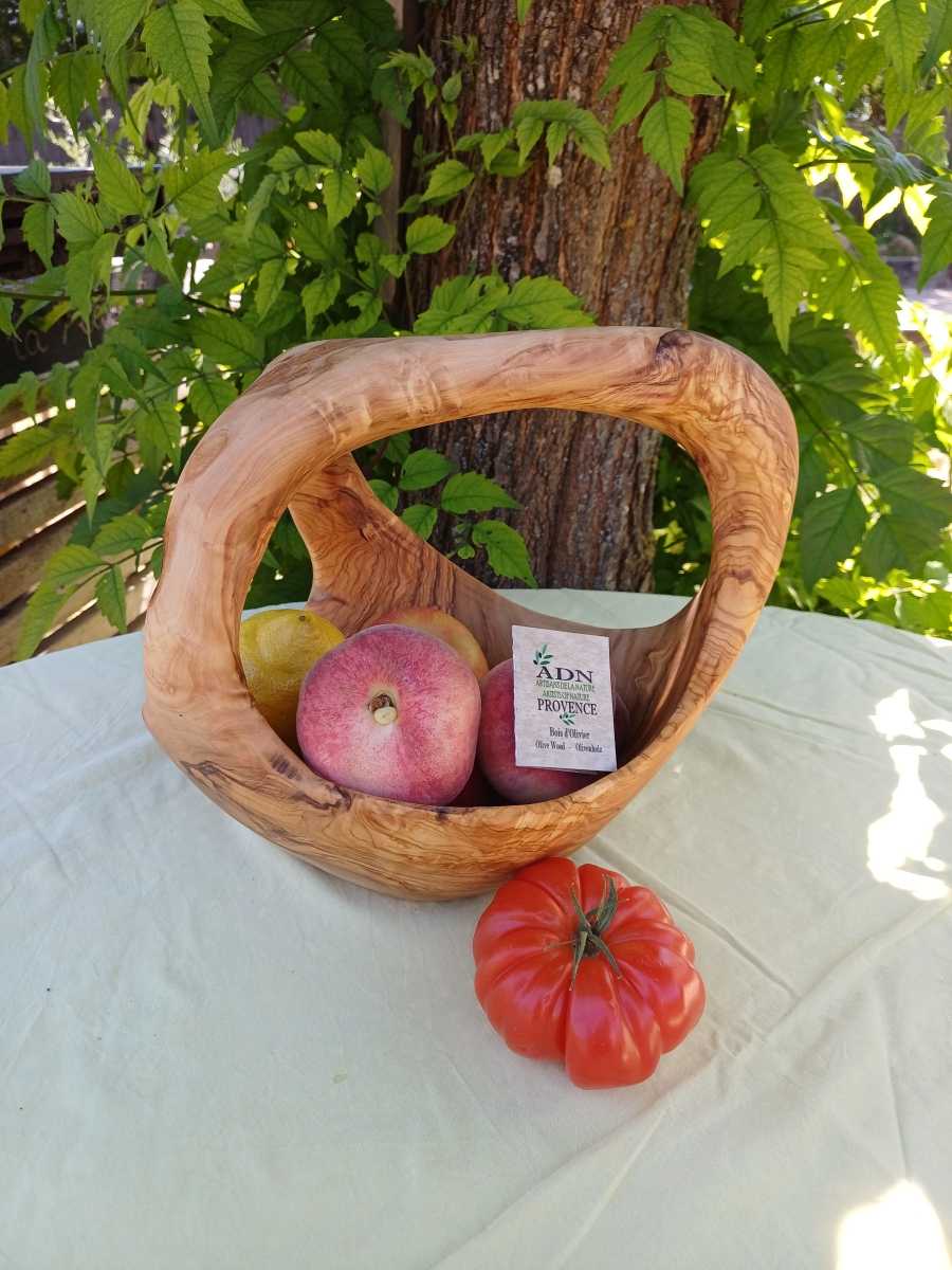 Panier à fruits avec anses en Bois d’Olivier 25x22xH 24 cm env.