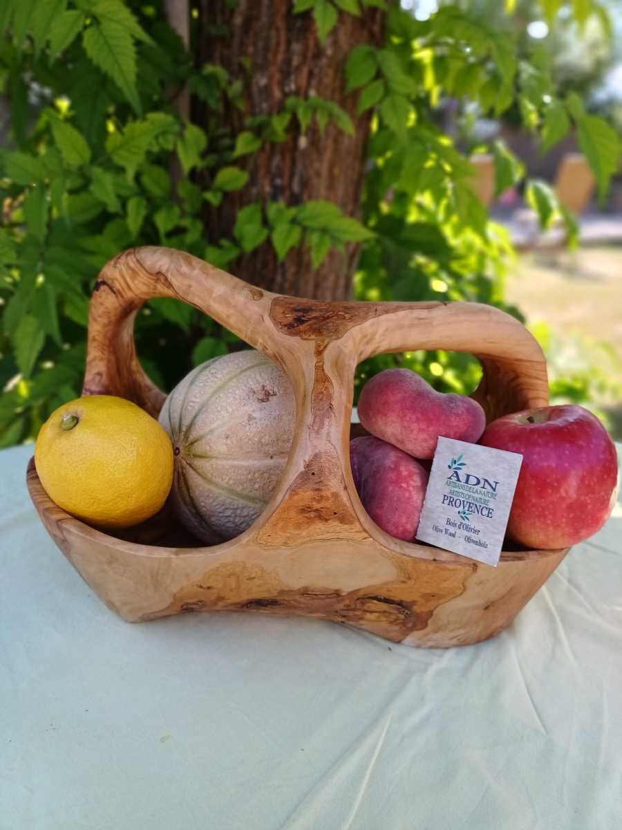 Panier à fruits avec anses en Bois d’Olivier 32x19xH21 cm env.