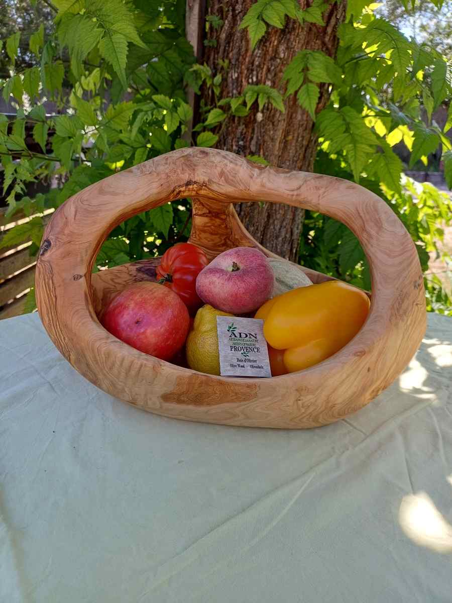 Panier à fruits avec anses en Bois d’Olivier 37x26xH24 cm env.