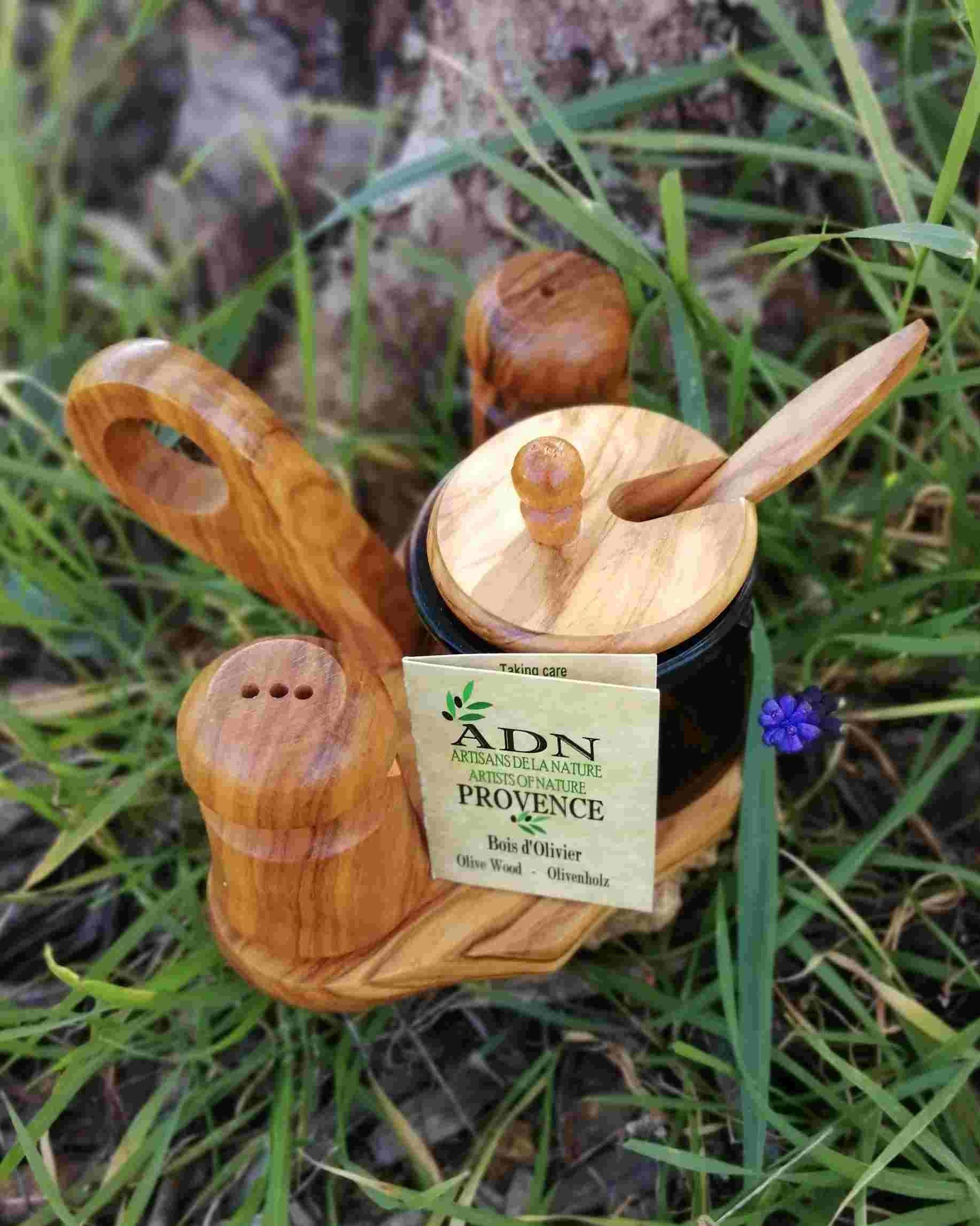 Assaisonnement 3 pièces en Bois d’Olivier pot en verre